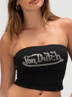 Von Dutch Black Strapless Tube Top with Rhinestone Logo
